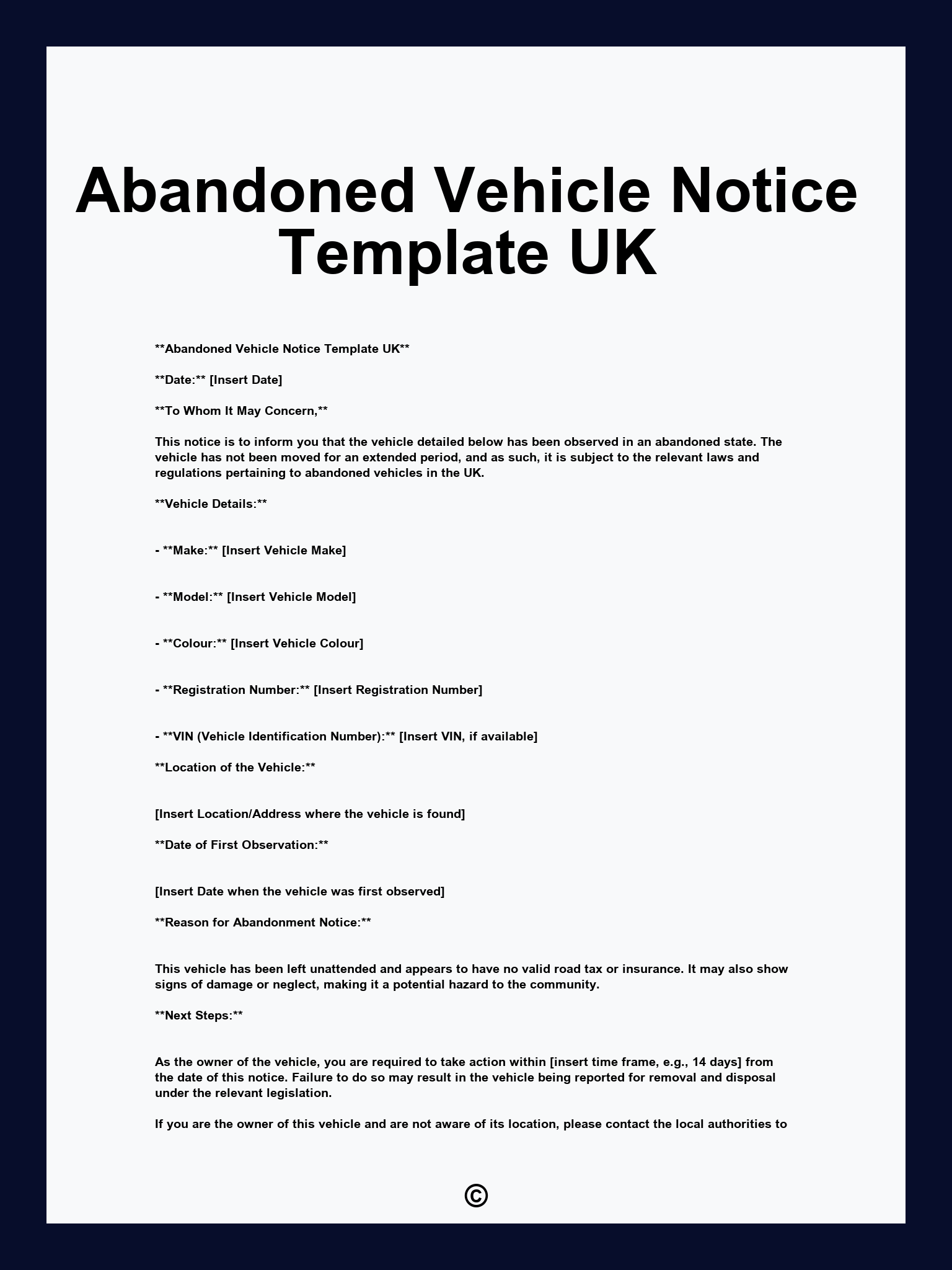 Abandoned Vehicle Notice Template UK