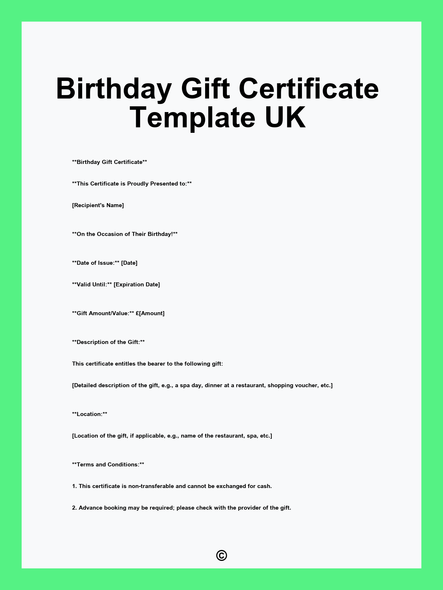 Birthday Gift Certificate Template UK