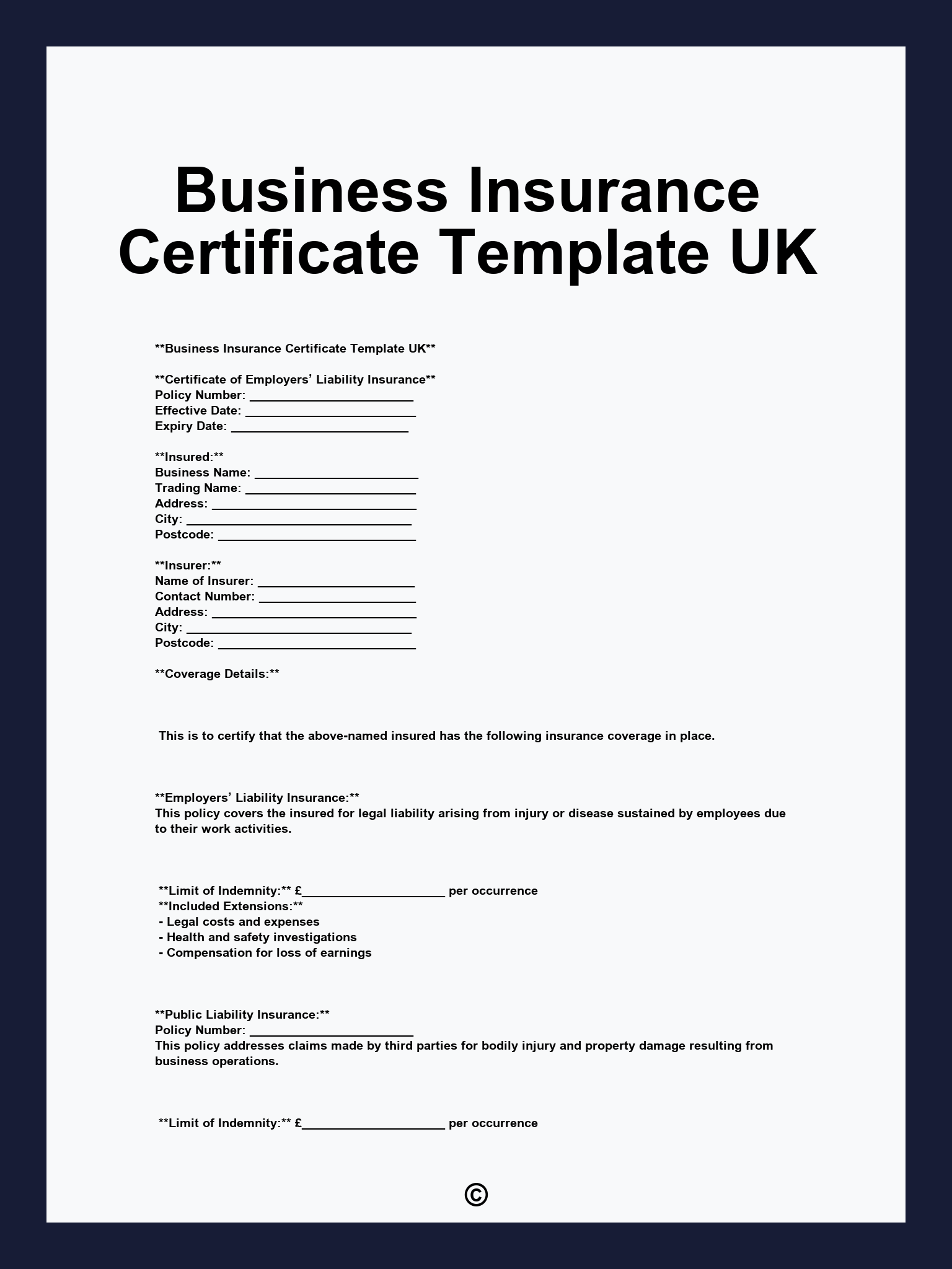 Business Insurance Certificate Template UK