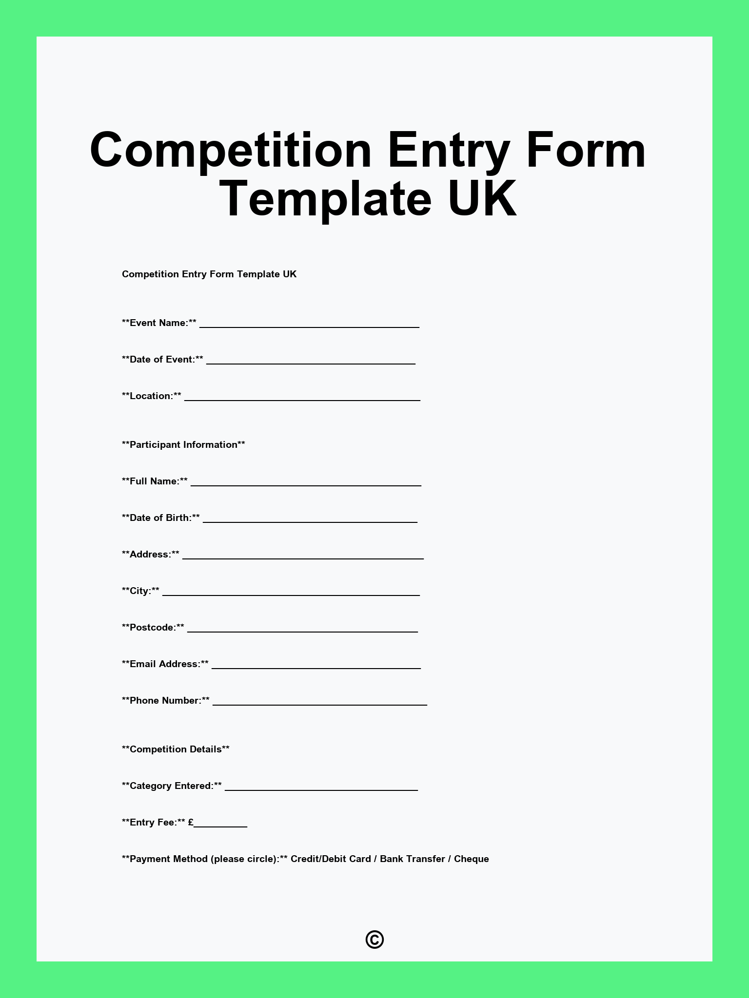 Competition Entry Form Template UK