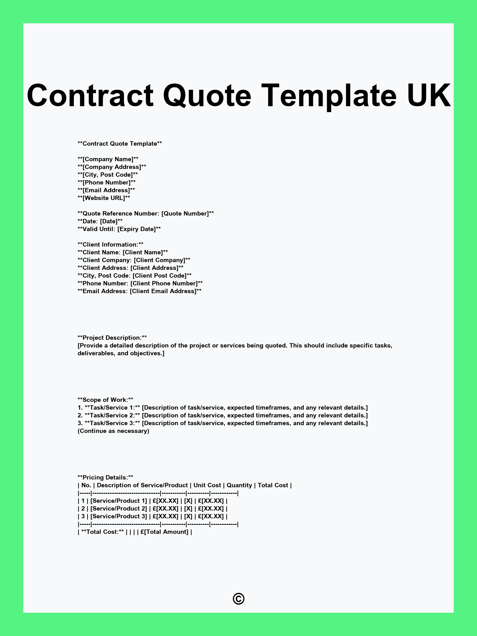 Contract Quote Template UK