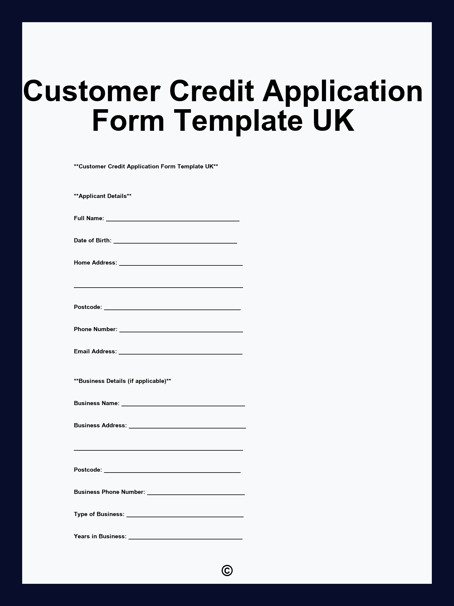 Customer Credit Application Form Template UK