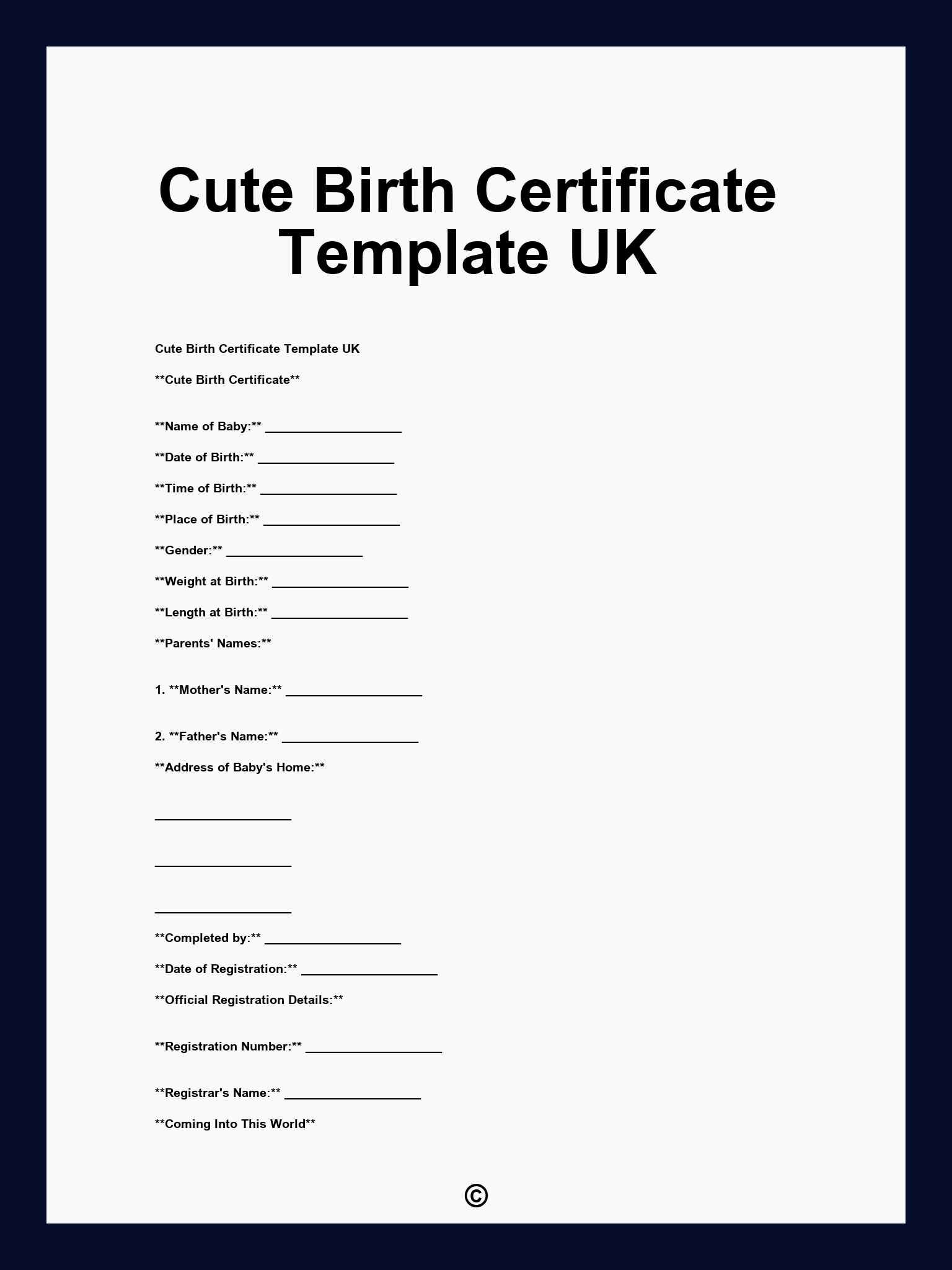 Cute Birth Certificate Template UK
