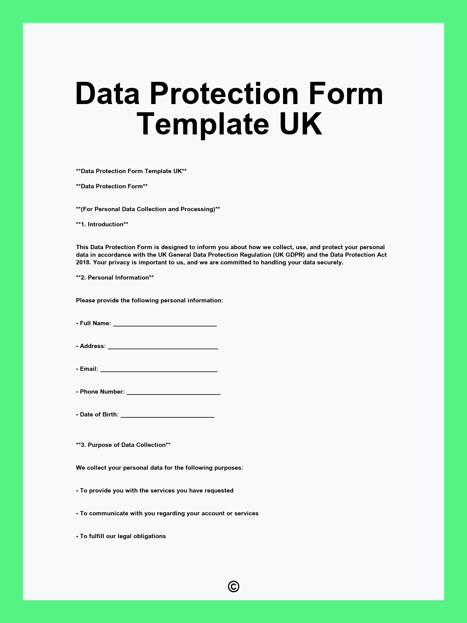 Data Protection Form Template UK