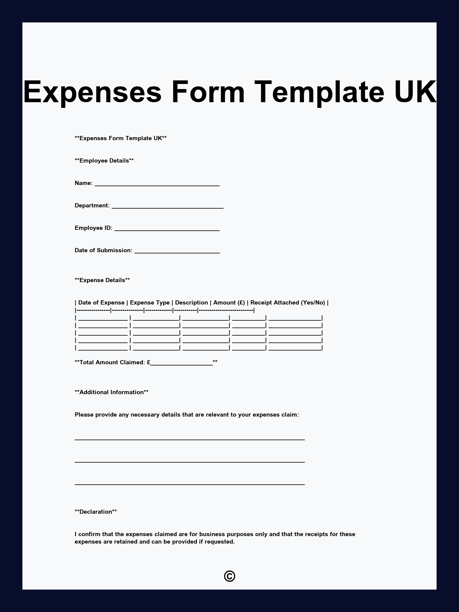 Expenses Form Template UK