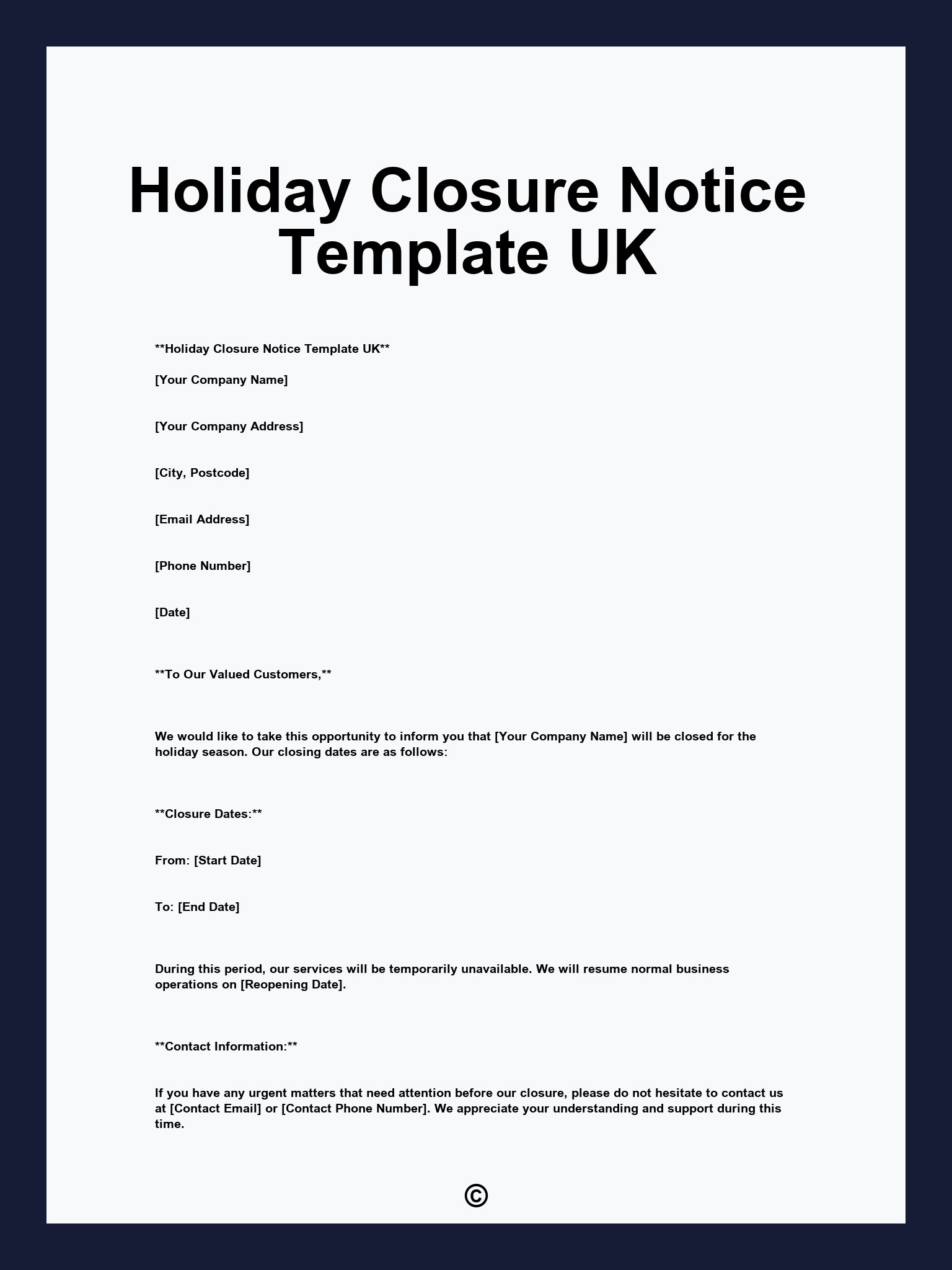 Holiday Closure Notice Template UK