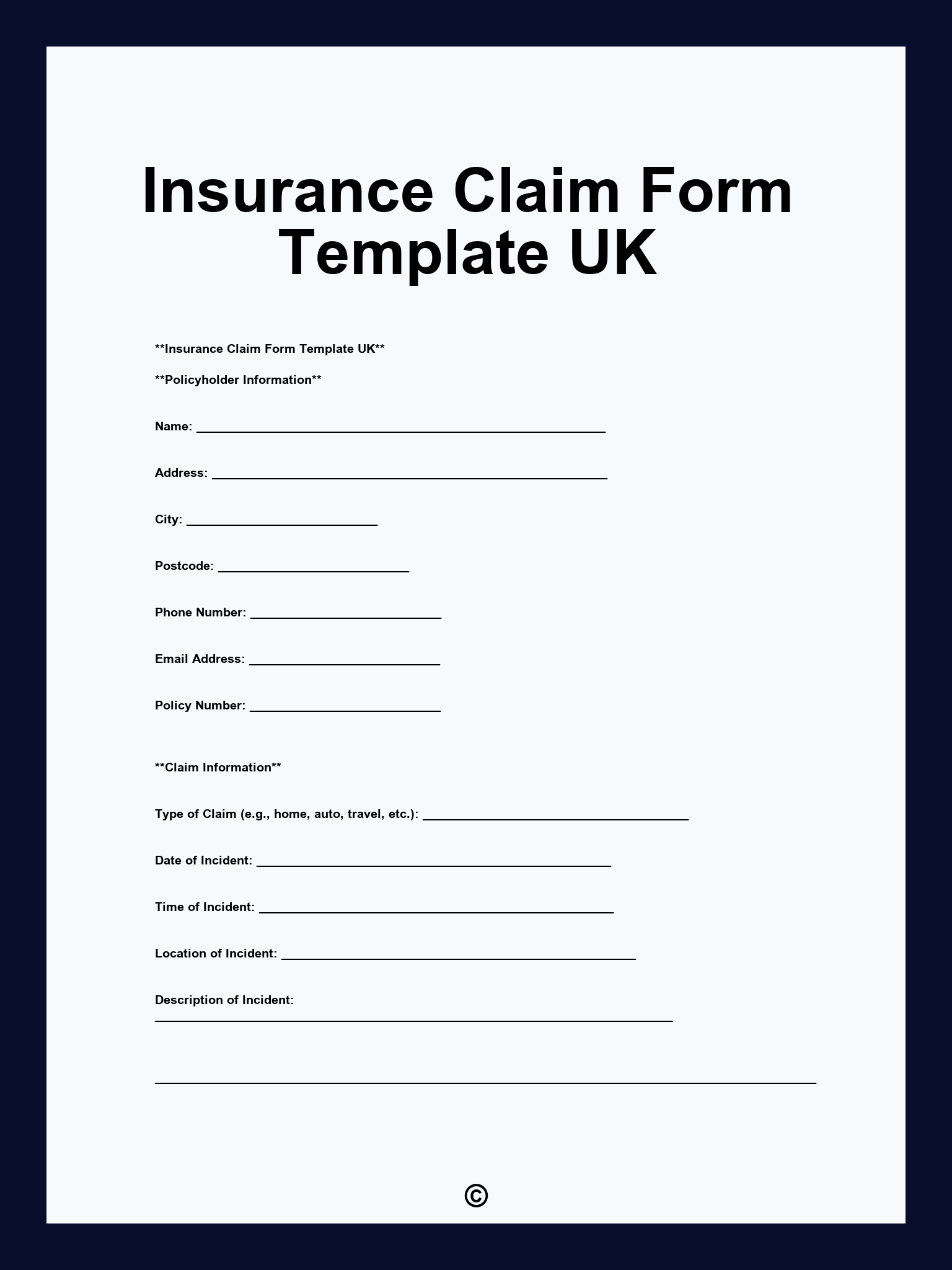 Insurance Claim Form Template UK
