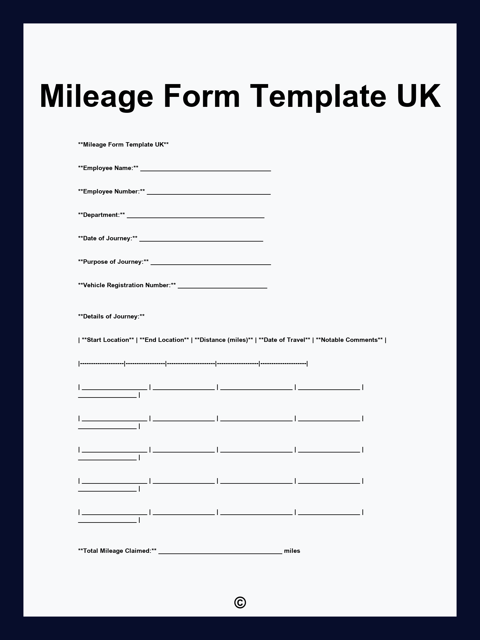 Mileage Form Template UK