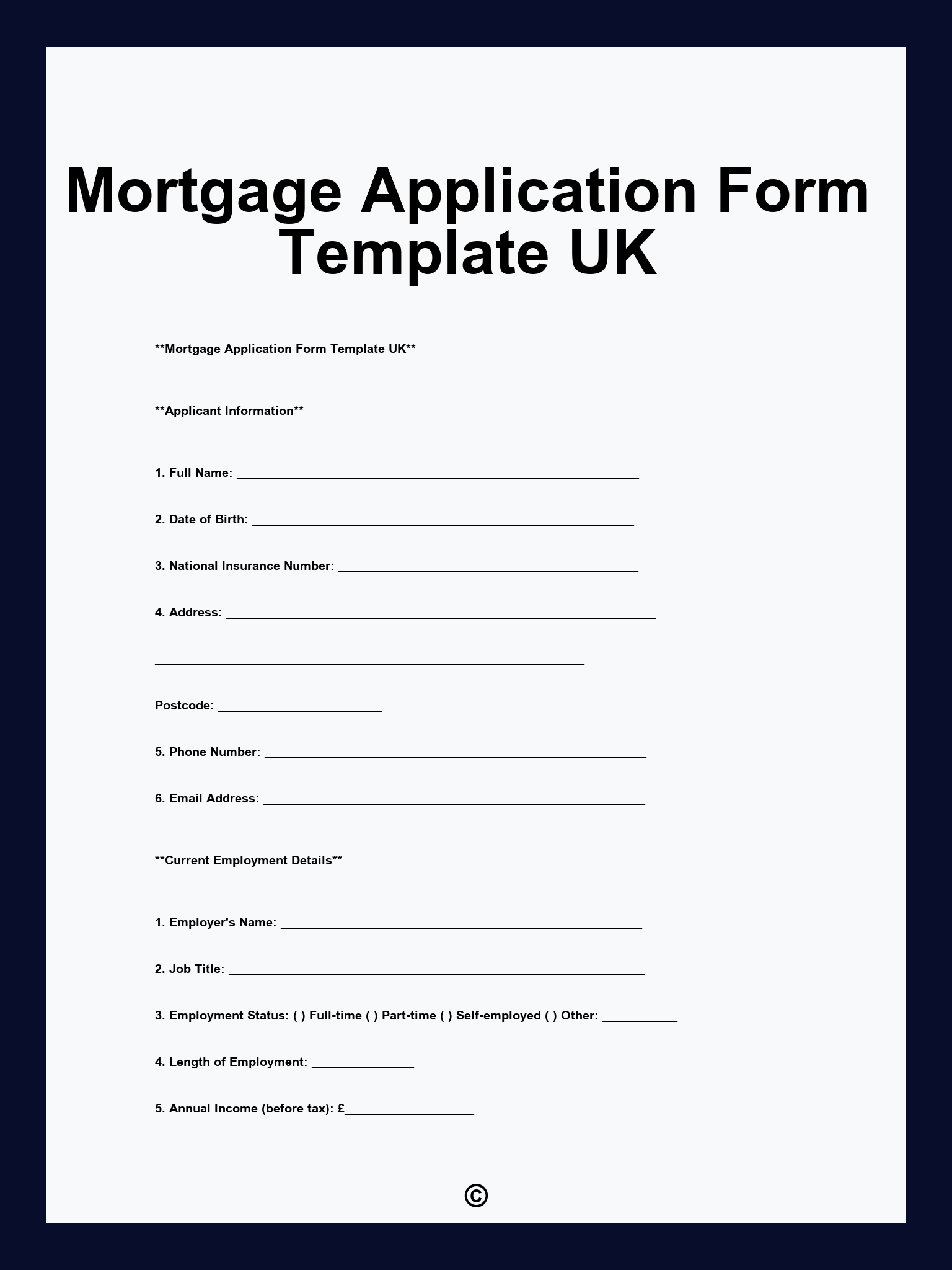Mortgage Application Form Template UK