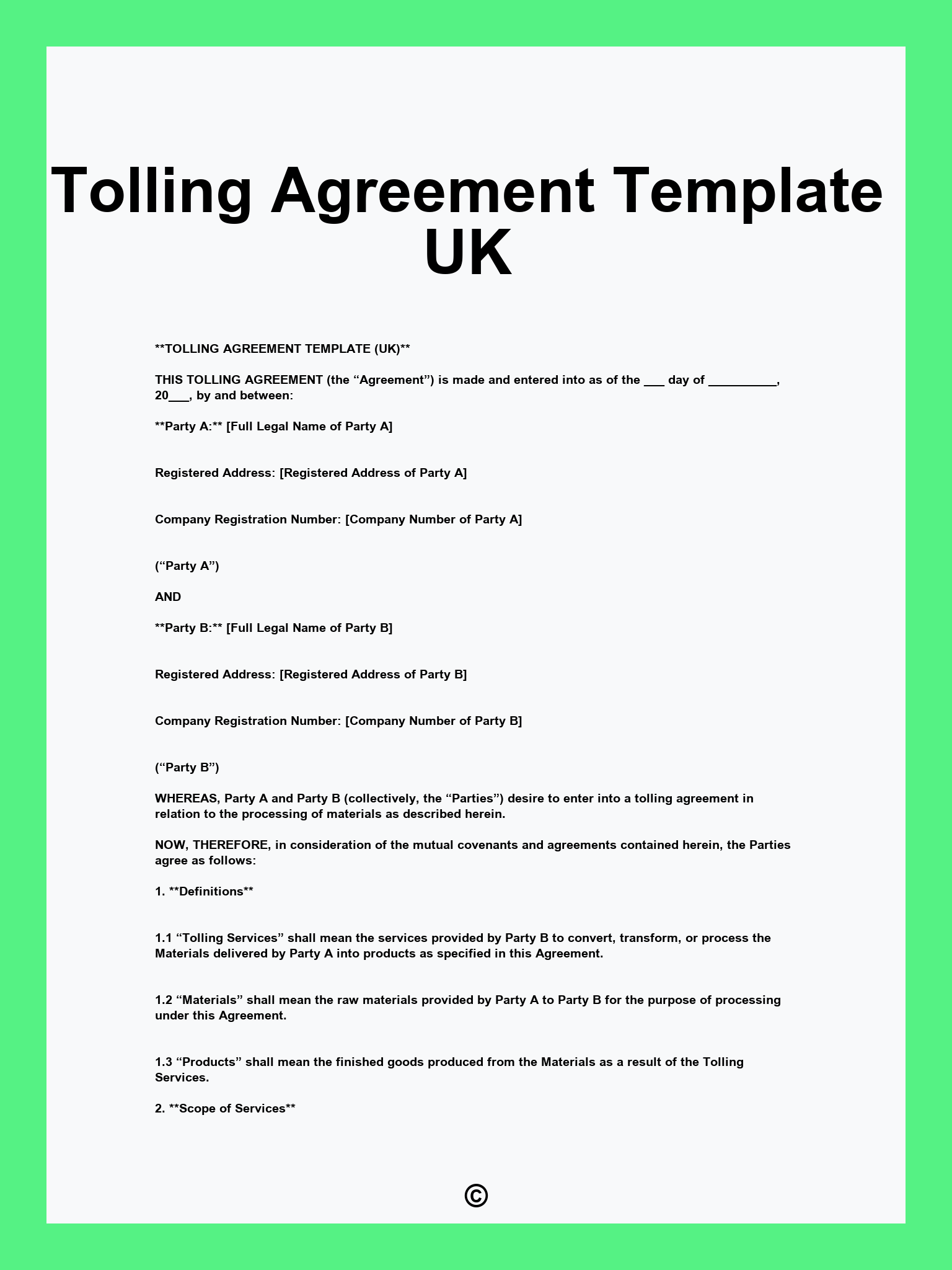 Tolling Agreement Template UK