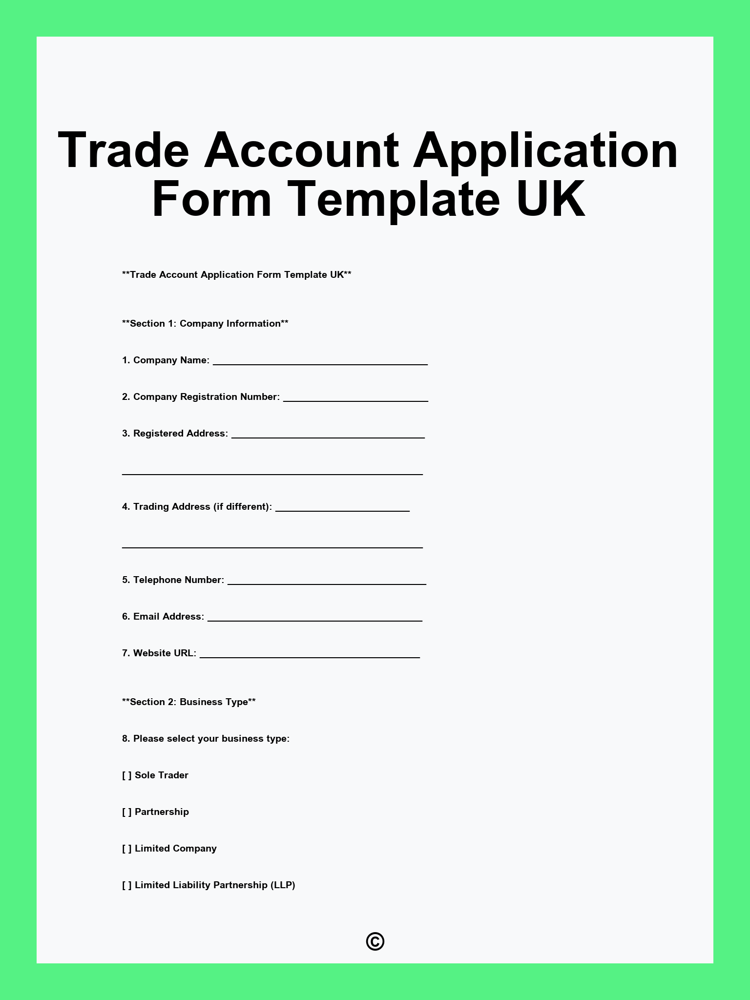 Trade Account Application Form Template UK
