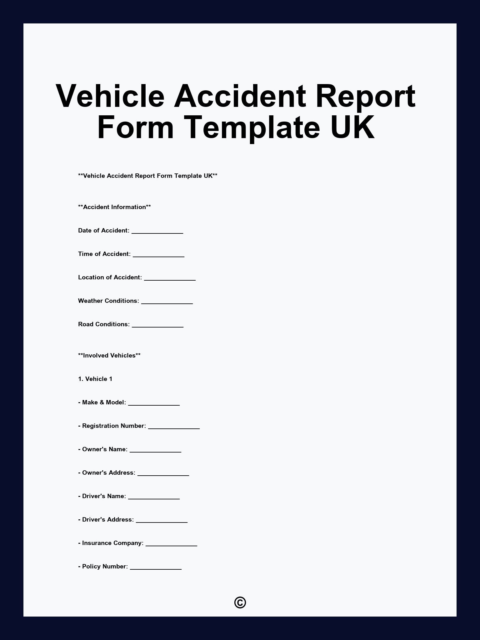 Vehicle Accident Report Form Template UK